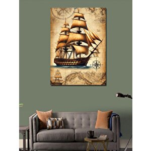 Kanvas Tablo Yelkenli Gemi Ve Antik Harita 100x140 cm