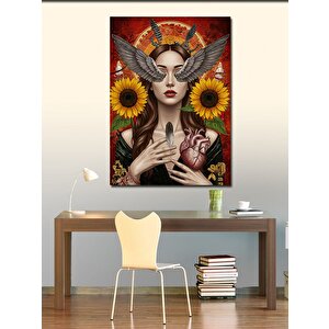 Kanvas Tablo Ayçiçekli Kadın Ve Kalp 50x70 cm