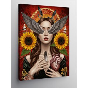 Kanvas Tablo Ayçiçekli Kadın Ve Kalp 100x140 cm