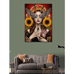 Kanvas Tablo Ayçiçekli Kadın Ve Kalp 100x140 cm