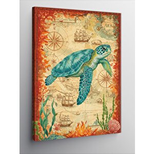 Kanvas Tablo Deniz Kaplumbağası Ve Harita 100x140 cm