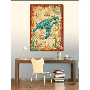 Kanvas Tablo Deniz Kaplumbağası Ve Harita 50x70 cm