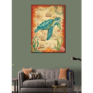 Kanvas Tablo Deniz Kaplumbağası Ve Harita 50x70 cm