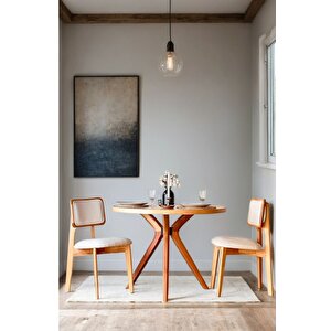 Arlen Natural Ahşap Döşemeli Yuvarlak Masa Sandalye Takımı 2 Sandalyeli 100x100