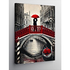 Kanvas Tablo Kırmızı Şemsiye Ve Venedikte Köprü 50x70 cm