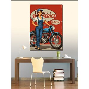 Kanvas Tablo Retro Tamirci Kadın Ve Motosiklet 100x140 cm