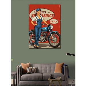 Kanvas Tablo Retro Tamirci Kadın Ve Motosiklet 100x140 cm