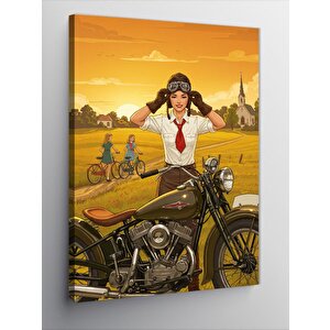 Kanvas Tablo Retro Kadın Ve Motosiklet 100x140 cm