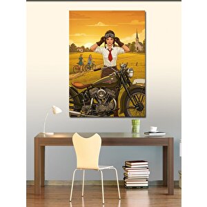 Kanvas Tablo Retro Kadın Ve Motosiklet 100x140 cm