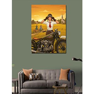 Kanvas Tablo Retro Kadın Ve Motosiklet 100x140 cm