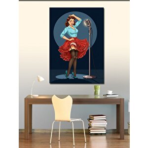 Kanvas Tablo Mikrofonlu Retro Şarkıcı Kadın 100x140 cm