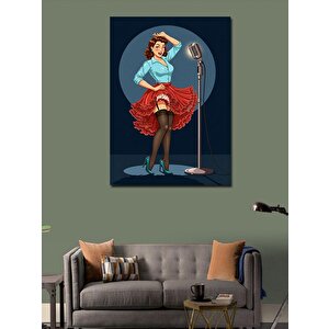 Kanvas Tablo Mikrofonlu Retro Şarkıcı Kadın 100x140 cm