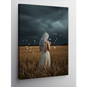 Kanvas Tablo Buğday Tarlasında Beyazlı Kadın 50x70 cm