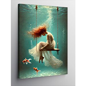 Kanvas Tablo Su Altında Kırmızı Saçlı Kadın 100x140 cm