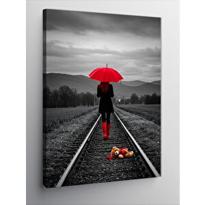 Kanvas Tablo Kırmızı Şemsiye Ve Tren Yolu 70x100 cm