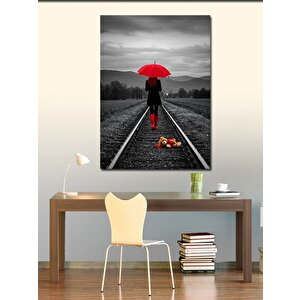 Kanvas Tablo Kırmızı Şemsiye Ve Tren Yolu 70x100 cm
