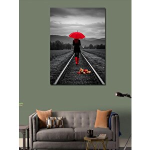 Kanvas Tablo Kırmızı Şemsiye Ve Tren Yolu 70x100 cm