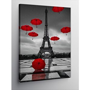 Kanvas Tablo Eiffel Kulesi Ve Kırmızı Şemsiyeler 50x70 cm