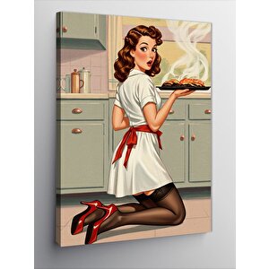 Kanvas Tablo Retro Kadın Pasta Sunumu 50x70 cm