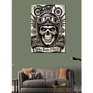 Kanvas Tablo Kafatası Ve Motosiklet Çizimi 100x140 cm