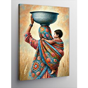 Kanvas Tablo Başında Sepet Taşıyan Kadın 70x100 cm