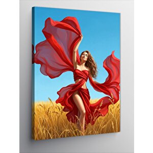 Kanvas Tablo Kırmızı Elbiseli Kadın Ve Doğa 50x70 cm