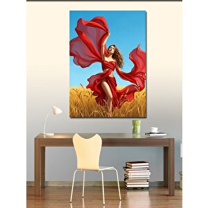 Kanvas Tablo Kırmızı Elbiseli Kadın Ve Doğa 50x70 cm