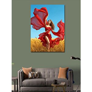 Kanvas Tablo Kırmızı Elbiseli Kadın Ve Doğa 50x70 cm