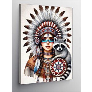 Kanvas Tablo Kızılderili Kadın Ve Rakun 100x140 cm