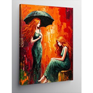 Kanvas Tablo Yağmurda Kırmızı Elbiseli Kadınlar 70x100 cm