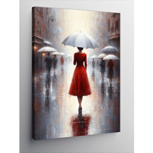 Kanvas Tablo Kırmızı Elbiseli Kadın Ve Yağmur 100x140 cm