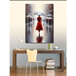 Kanvas Tablo Kırmızı Elbiseli Kadın Ve Yağmur 100x140 cm