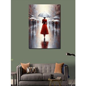 Kanvas Tablo Kırmızı Elbiseli Kadın Ve Yağmur 100x140 cm