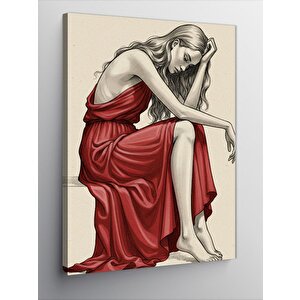 Kanvas Tablo Kırmızı Elbiseli Düşünen Kadın 100x140 cm