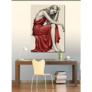 Kanvas Tablo Kırmızı Elbiseli Düşünen Kadın 100x140 cm