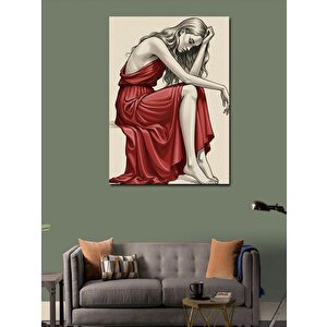Kanvas Tablo Kırmızı Elbiseli Düşünen Kadın 100x140 cm