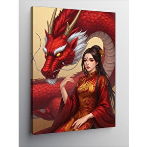 Kanvas Tablo Ejderha Ve Kırmızı Elbiseli Kadın 70x100 cm