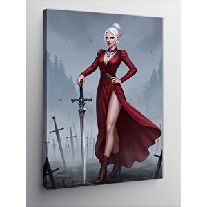 Kanvas Tablo Kırmızı Elbiseli Elf Kadın Ve Kılıçlar 70x100 cm