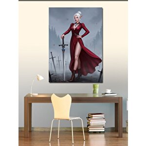 Kanvas Tablo Kırmızı Elbiseli Elf Kadın Ve Kılıçlar 70x100 cm