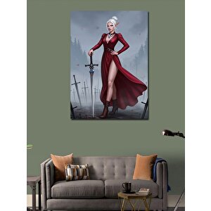 Kanvas Tablo Kırmızı Elbiseli Elf Kadın Ve Kılıçlar 70x100 cm