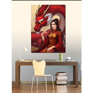 Kanvas Tablo Ejderha Ve Kırmızı Elbiseli Kadın 100x140 cm