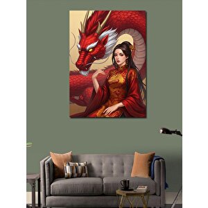 Kanvas Tablo Ejderha Ve Kırmızı Elbiseli Kadın 100x140 cm