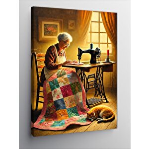 Kanvas Tablo Dikiş Makinesinde Yaşlı Kadın 100x140 cm