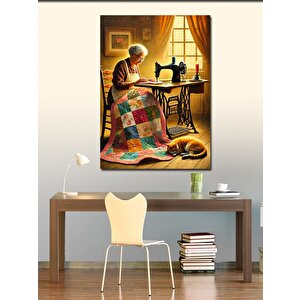Kanvas Tablo Dikiş Makinesinde Yaşlı Kadın 100x140 cm