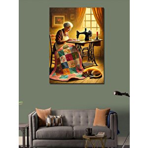 Kanvas Tablo Dikiş Makinesinde Yaşlı Kadın 100x140 cm