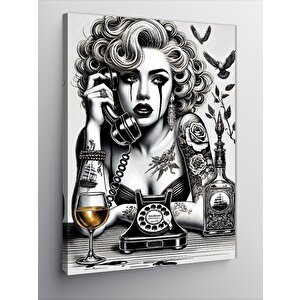 Kanvas Tablo Retro Telefonlu Kadın Portresi 50x70 cm