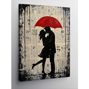 Kanvas Tablo Kırmızı Şemsiyeli Öpüşen Çift 70x100 cm