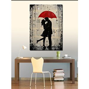 Kanvas Tablo Kırmızı Şemsiyeli Öpüşen Çift 70x100 cm