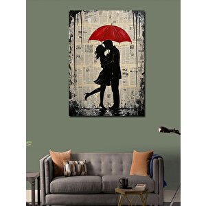 Kanvas Tablo Kırmızı Şemsiyeli Öpüşen Çift 70x100 cm