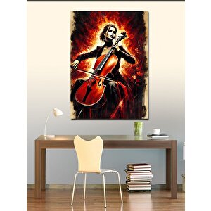 Kanvas Tablo Alevler İçinde Çello Çalan Kadın 70x100 cm